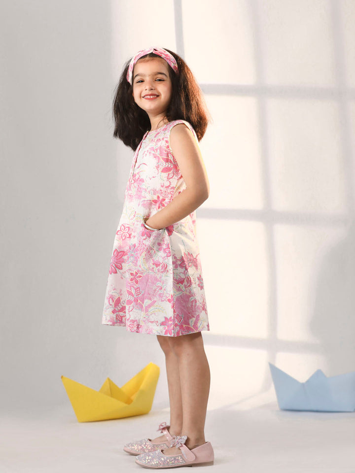 VASTRAMAY Girls' Pink Cotton Summer Dress