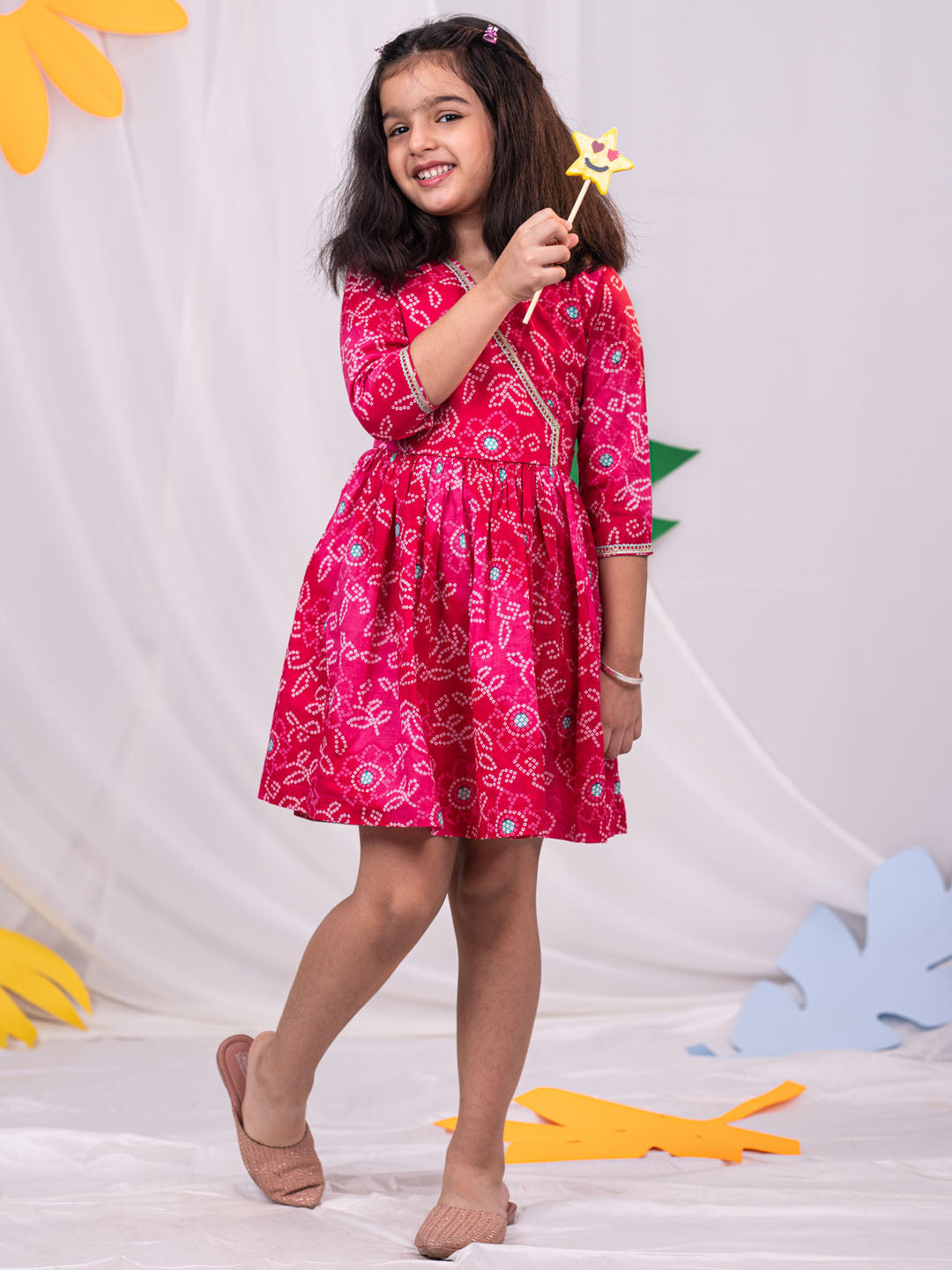 VASTRAMAY Girls' Pink Color Bandhnai Print Angrakha Style Dress