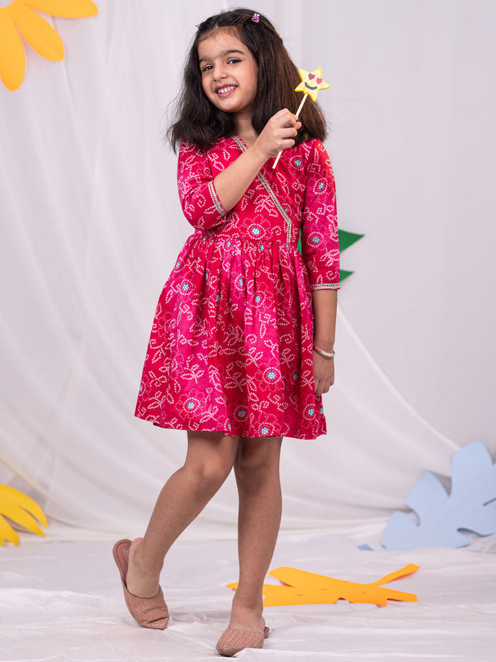 VASTRAMAY Girls' Pink Color Bandhnai Print Angrakha Style Dress