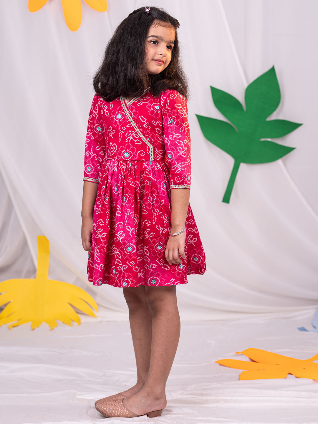 VASTRAMAY Girls' Pink Color Bandhnai Print Angrakha Style Dress