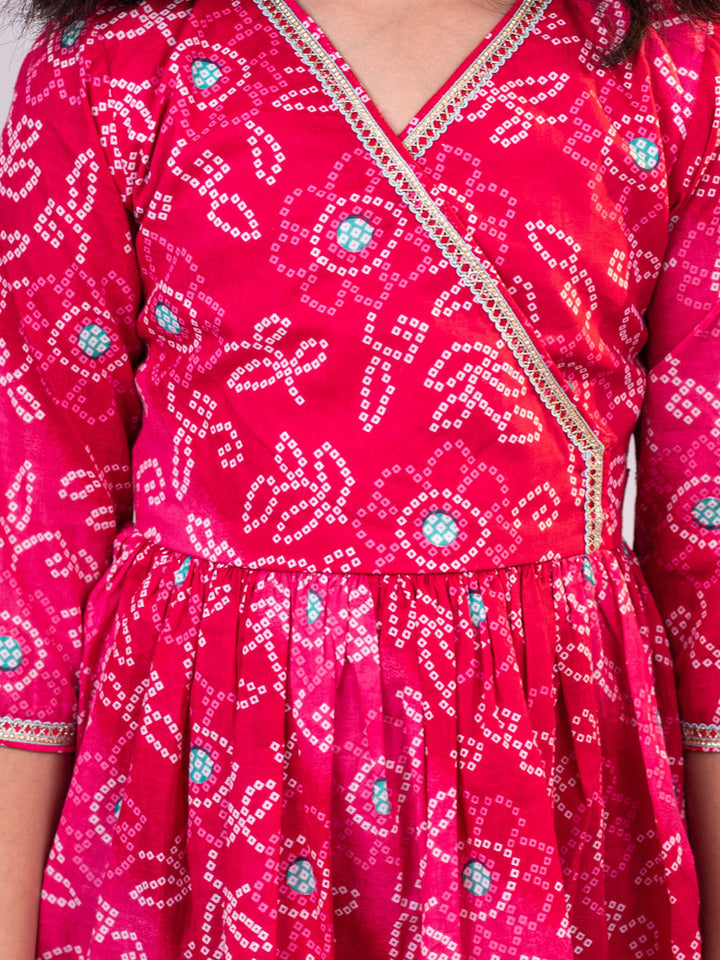 VASTRAMAY Girls' Pink Color Bandhnai Print Angrakha Style Dress