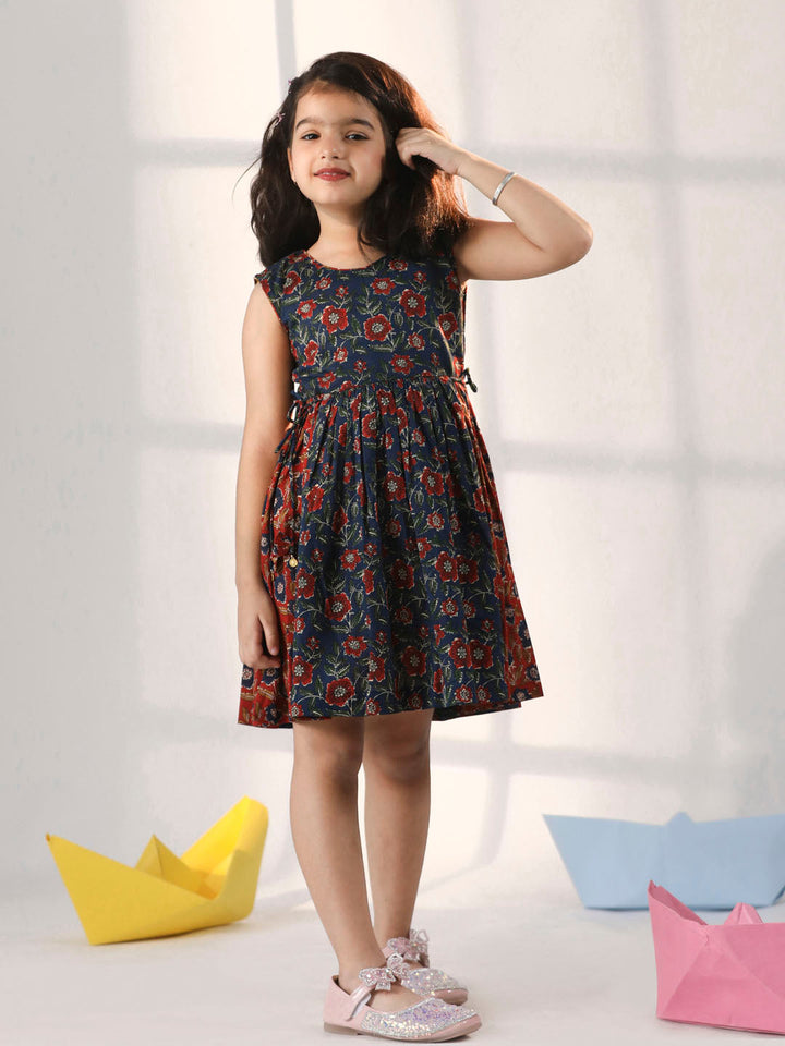 VASTRAMAY Girls' Rust And Navy Blue Dress