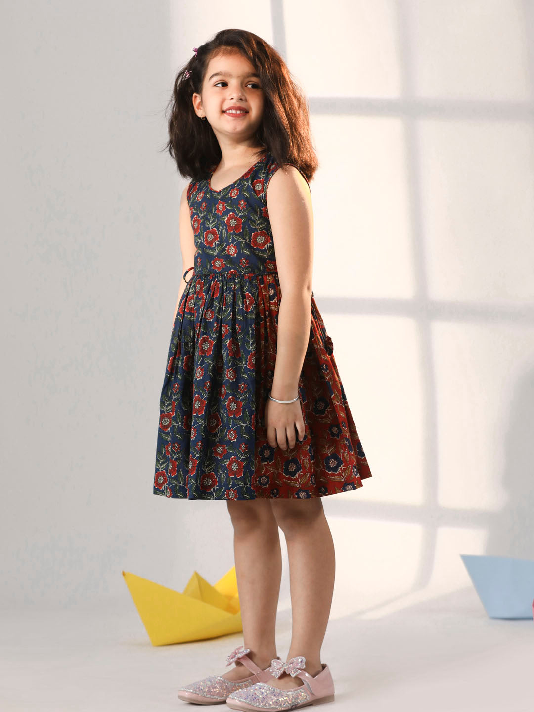 VASTRAMAY Girls' Rust And Navy Blue Dress