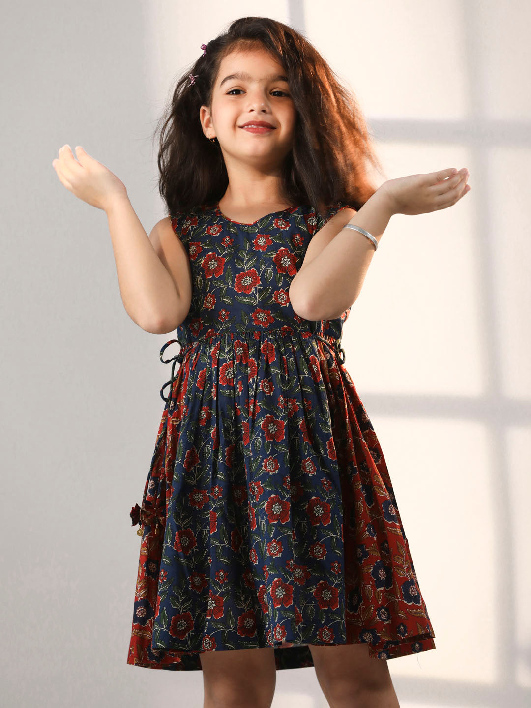 VASTRAMAY Girls' Rust And Navy Blue Dress