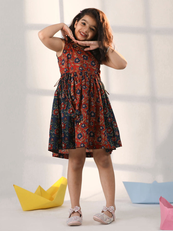 VASTRAMAY Girls' Rust And Navy blue Dress