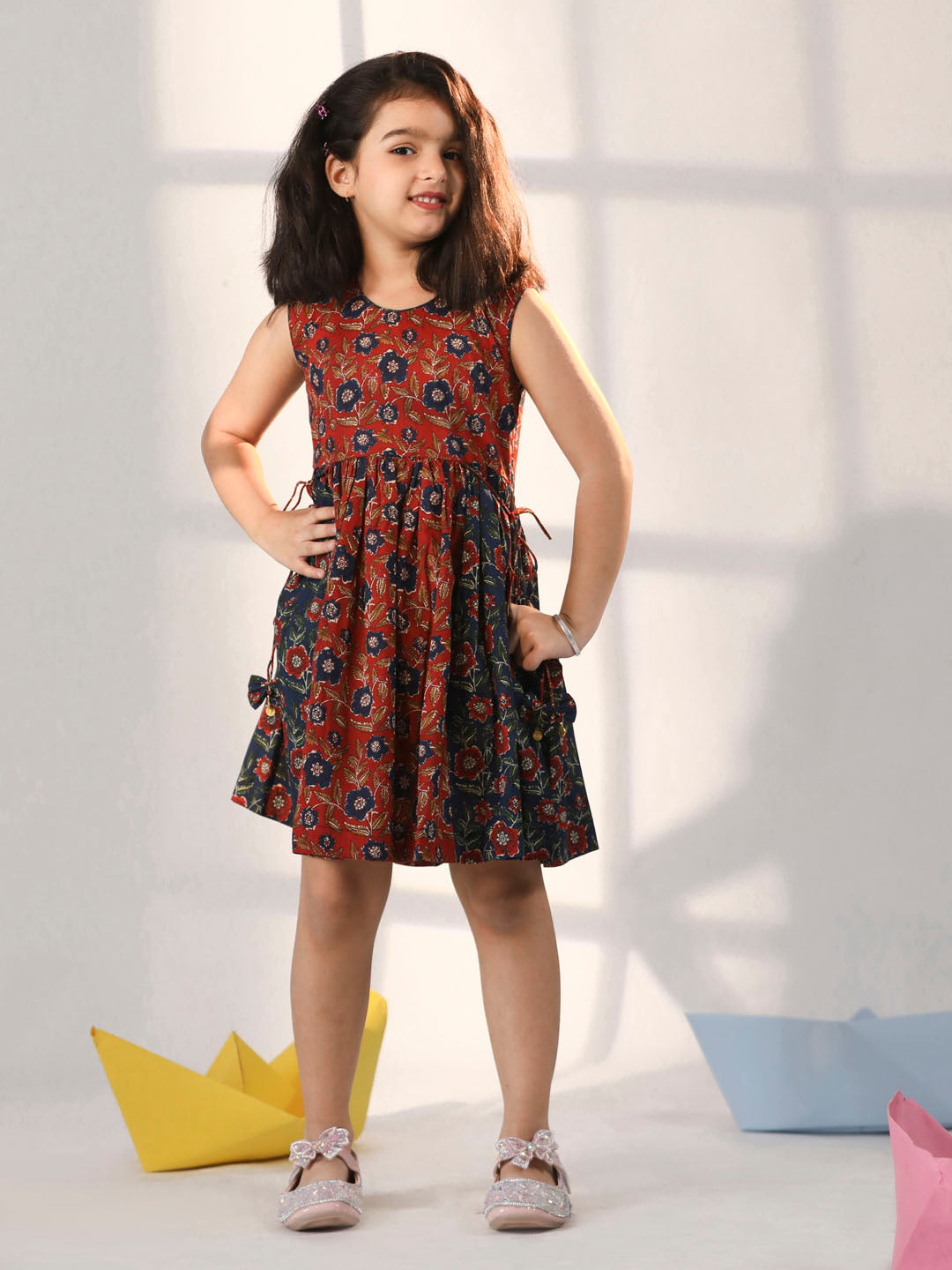 VASTRAMAY Girls' Rust And Navy blue Dress