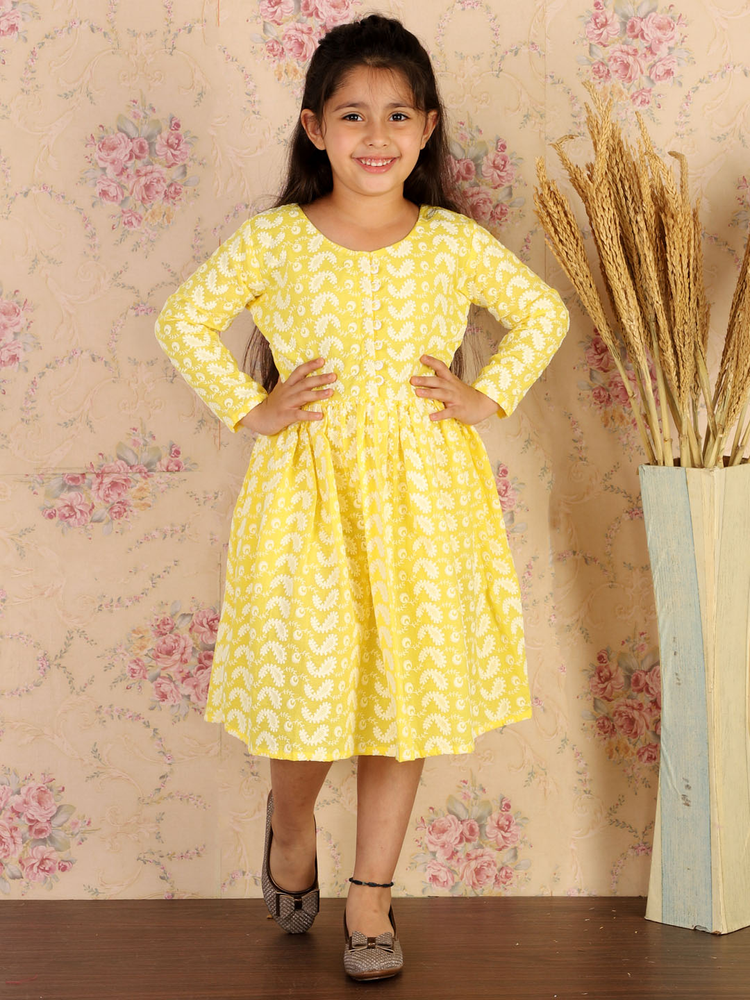 VASTRAMAY Girl's Mustard Pure Cotton Chikankari Kurta