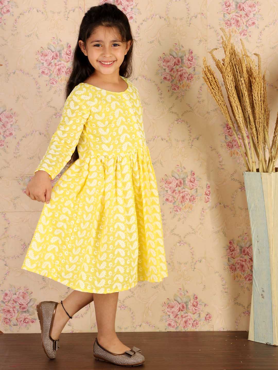 VASTRAMAY Girl's Mustard Pure Cotton Chikankari Kurta