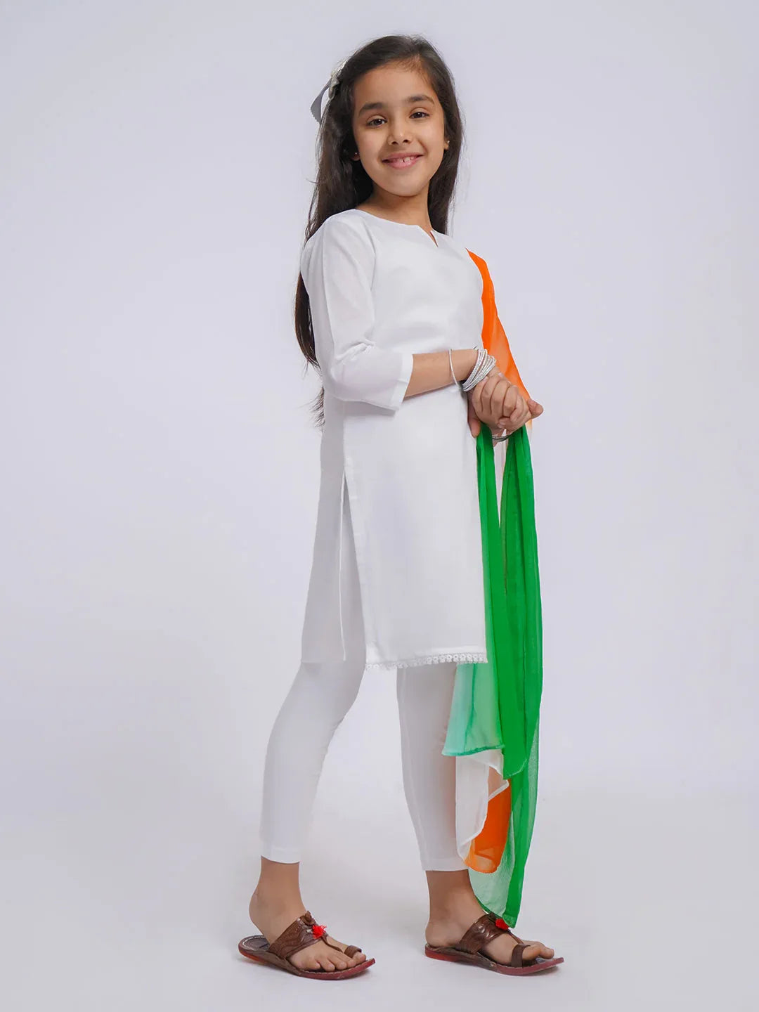 Girl's' White Kurta, Leggings And Dupatta