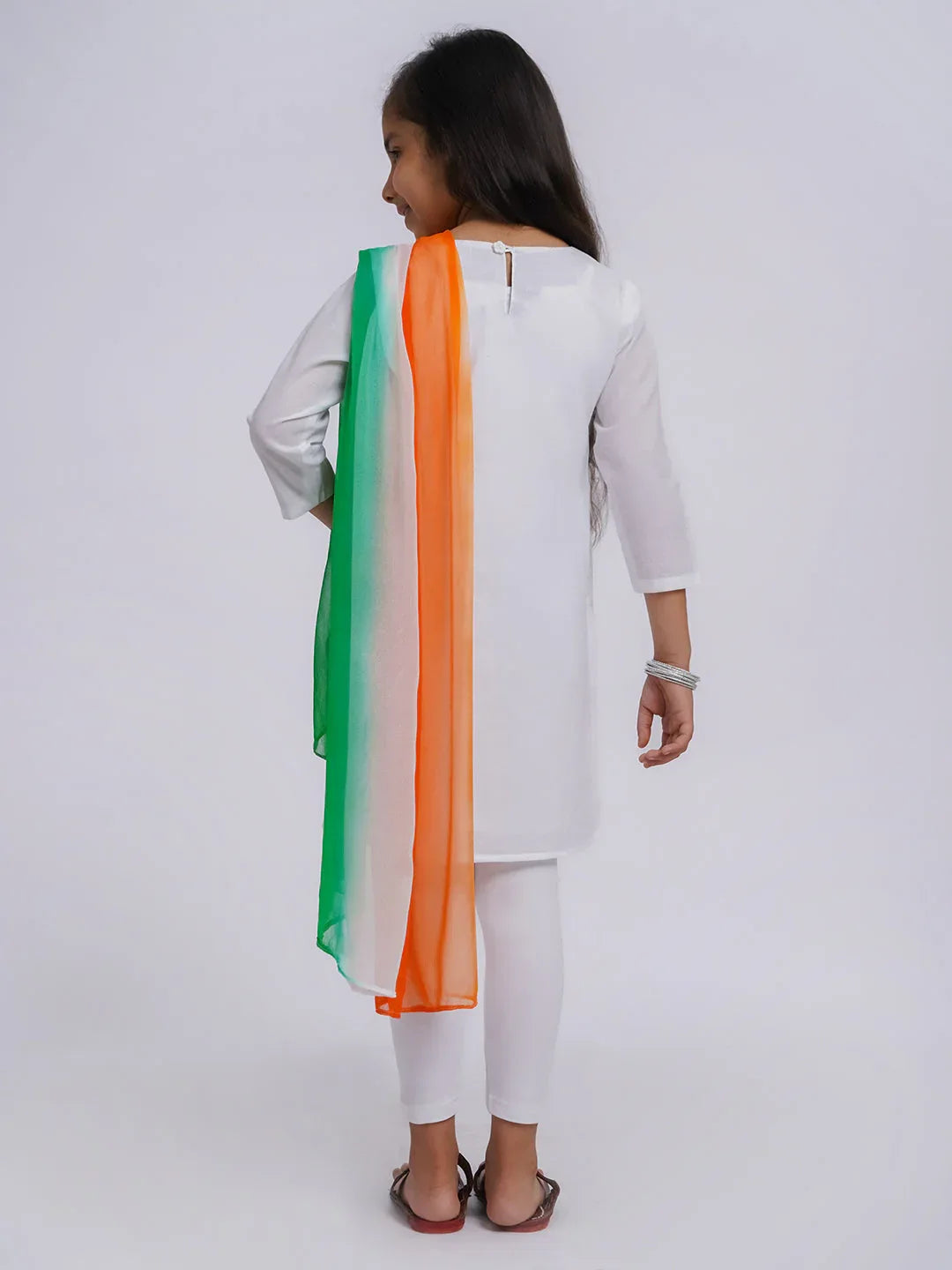 Girl's' White Kurta, Leggings And Dupatta