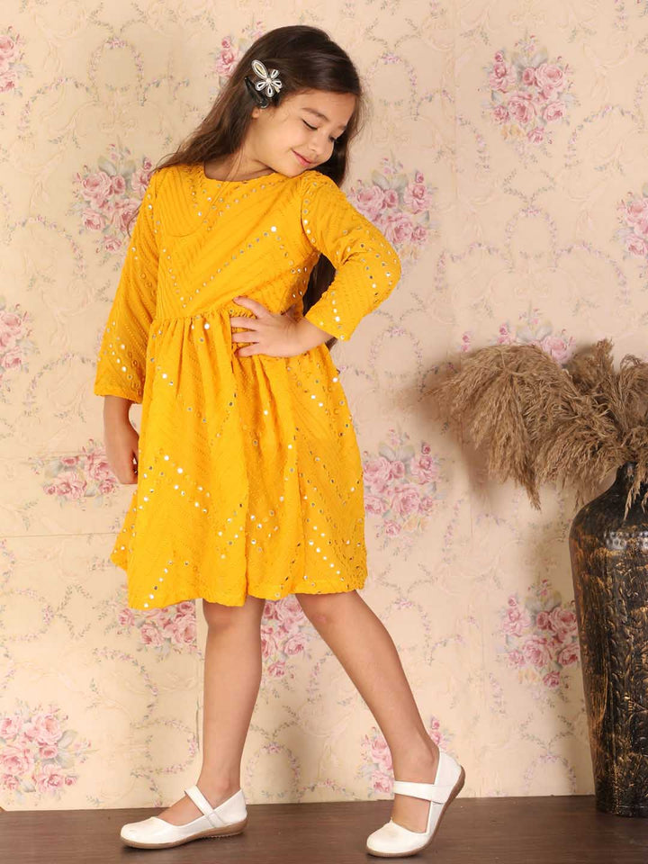 VASTRAMAY Girl's Yellow Mirror Kurta