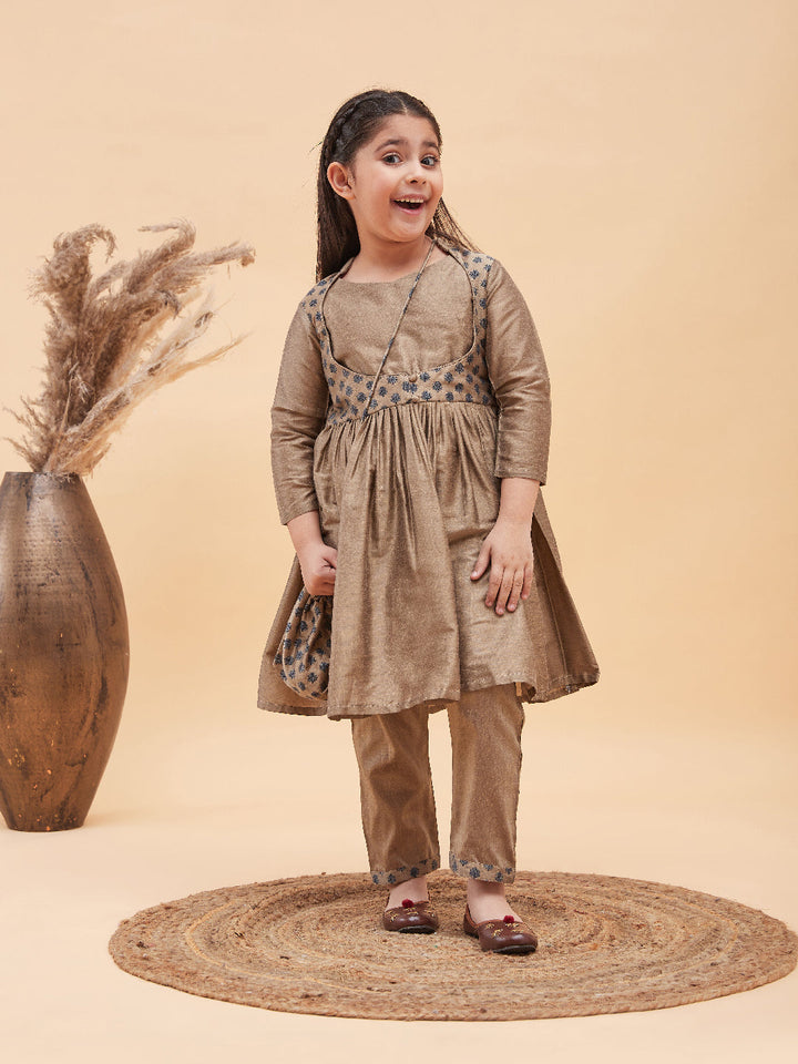 VASTRAMAY Girls Brown Anarkali Kurta Pyjama Set With Potli Bag