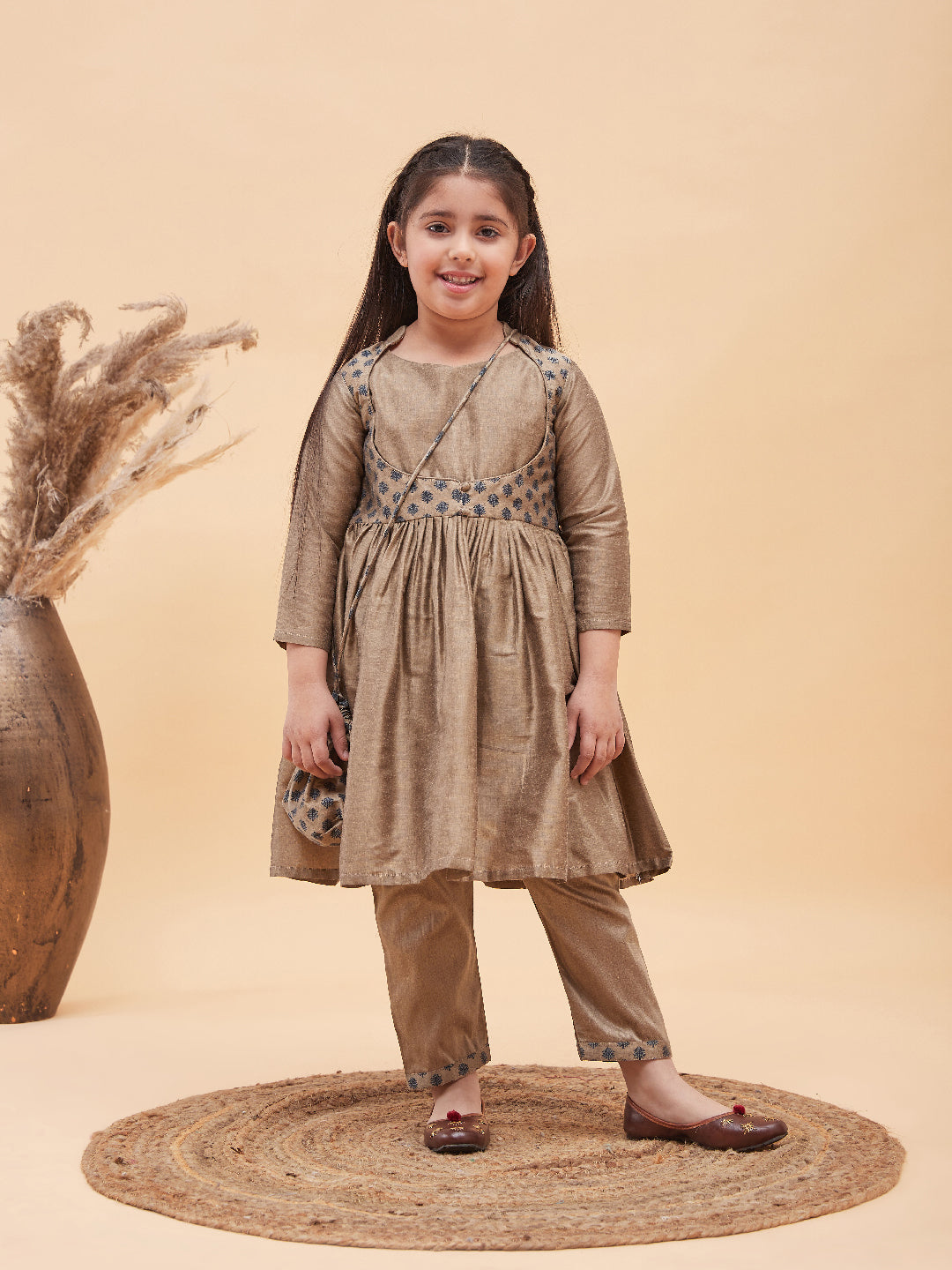 VASTRAMAY Girls Brown Anarkali Kurta Pyjama Set With Potli Bag