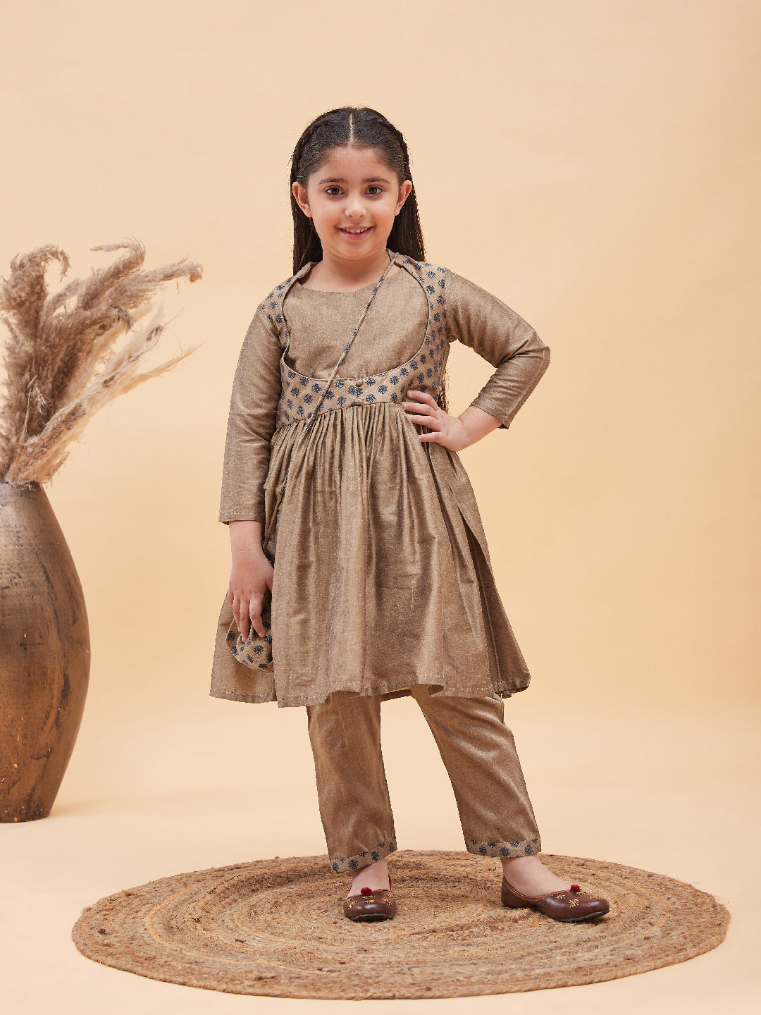 VASTRAMAY Girls Brown Anarkali Kurta Pyjama Set With Potli Bag