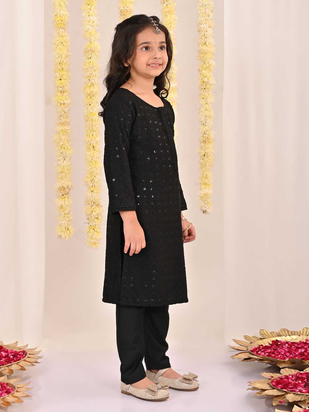 VASTRAMAY Girls' Black Embellished Kurta Pyjama Set