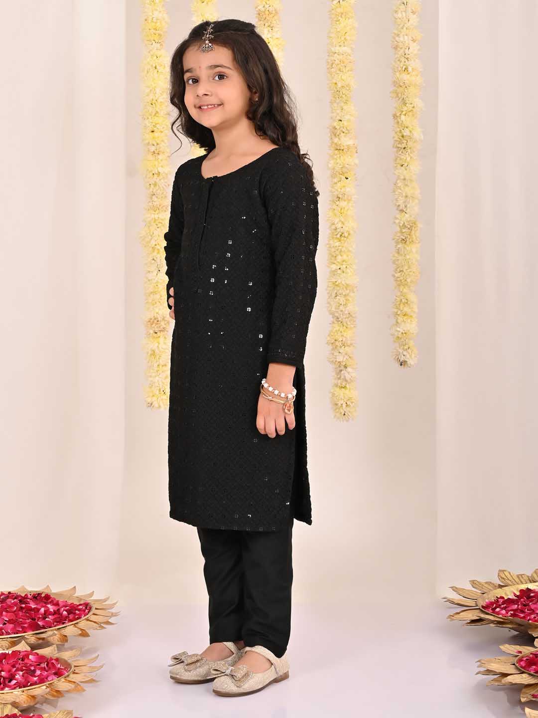 VASTRAMAY Girls' Black Embellished Kurta Pyjama Set