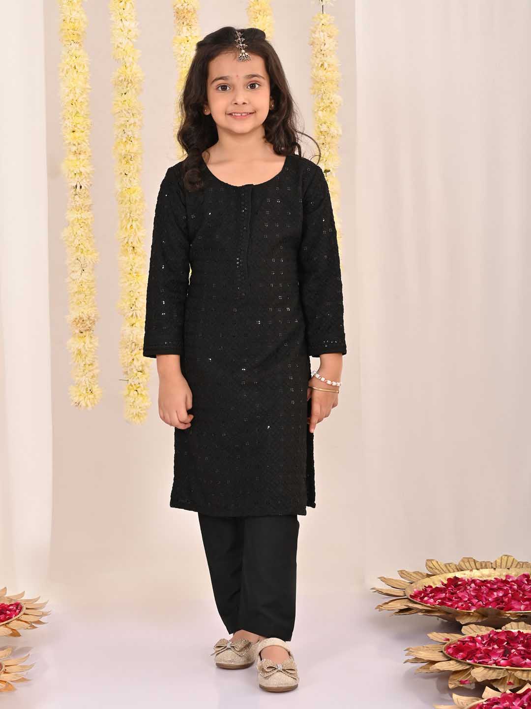 VASTRAMAY Girls' Black Embellished Kurta Pyjama Set