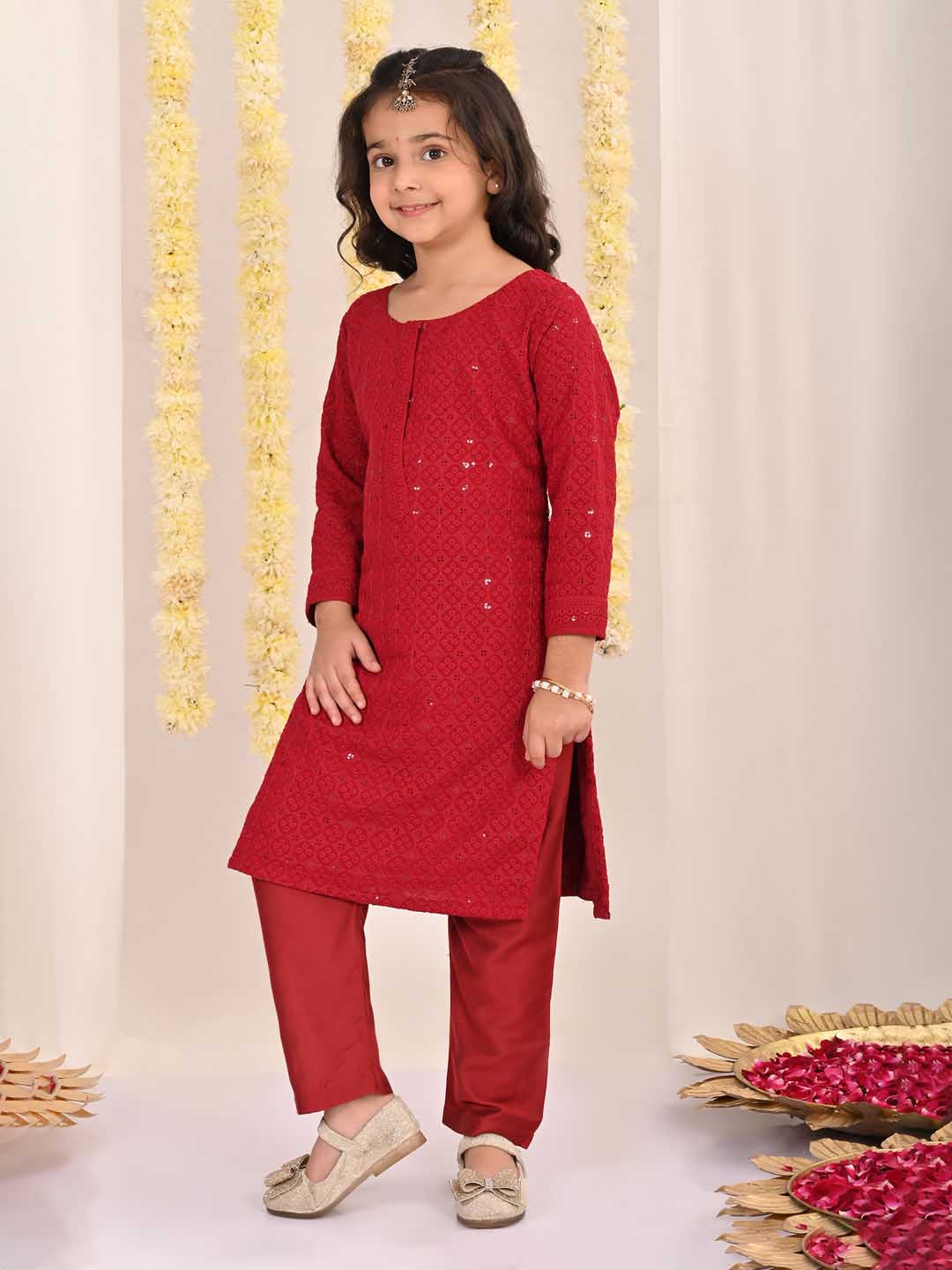 VASTRAMAY Girls' Maroon Embellished Kurta Pyjama Set with intricate embroidery and elegant design for special occasions