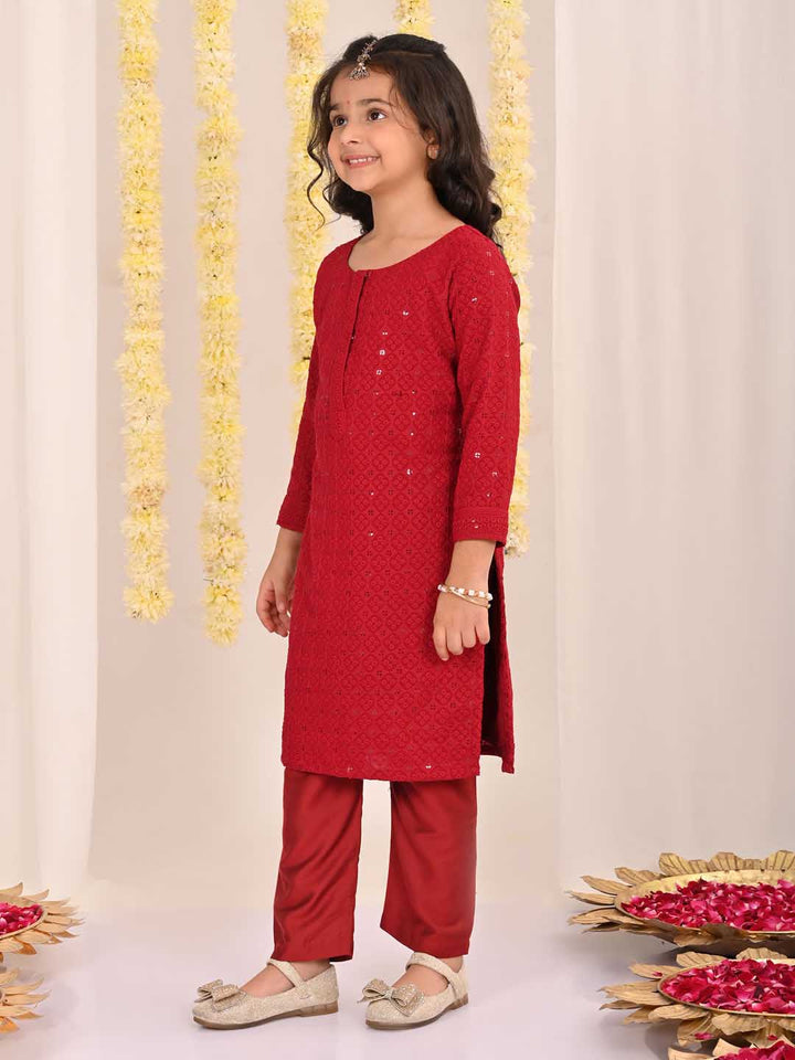 VASTRAMAY Girls' Maroon Embellished Kurta Pyjama Set with intricate detailing and traditional design for special occasions