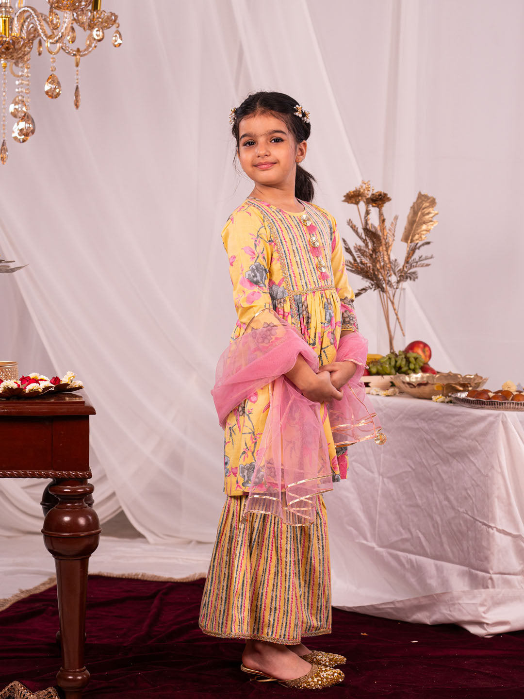 VASTRAMAY Girls' Yellow Kurta And Sharara Set