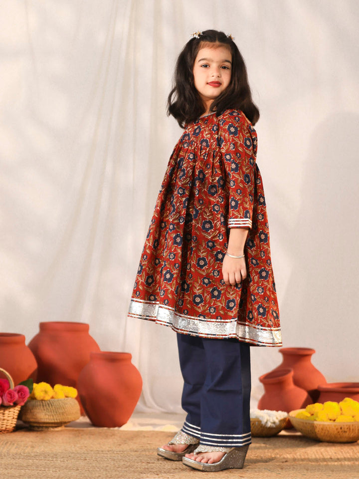 VASTRAMAY Girls' Rust And Navy Blue Flared Kurta Palazzo Set