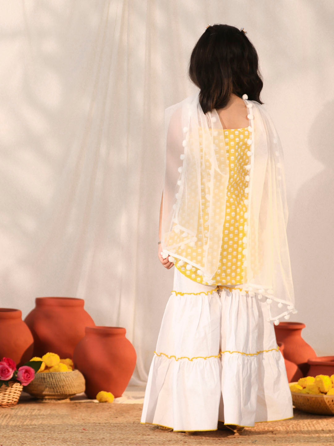 VASTRAMAY Girls' Yellow and White Kurta, Sharara and Dupatta Set