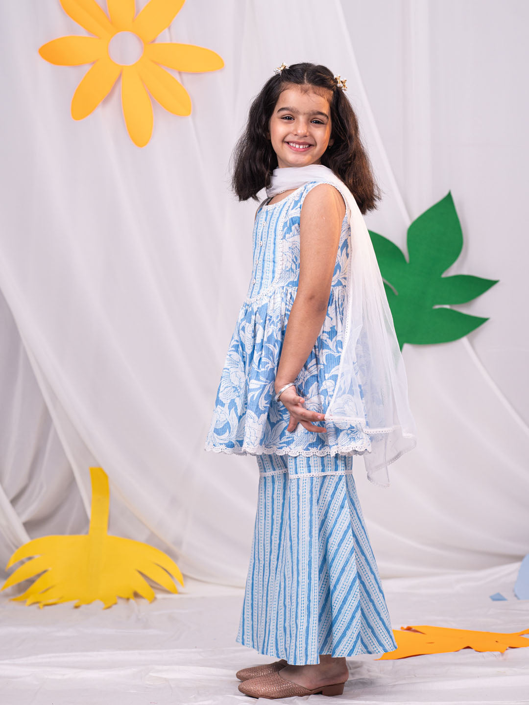 VASTRAMAY Girls' Aqua Kurta Sharara Set