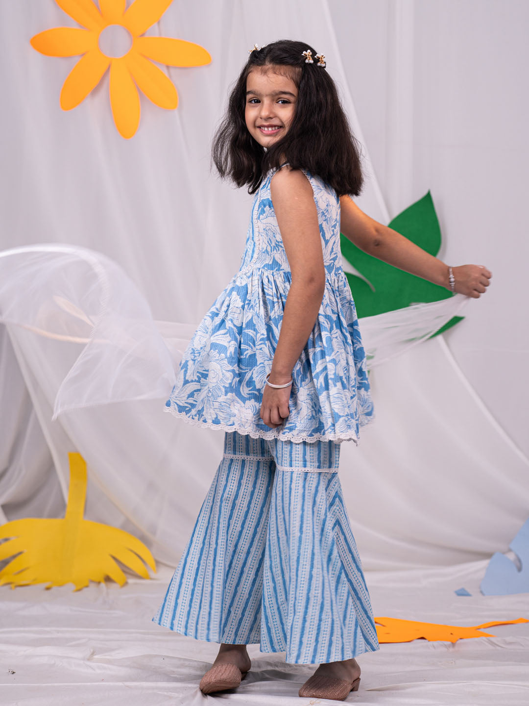 VASTRAMAY Girls' Aqua Kurta Sharara Set