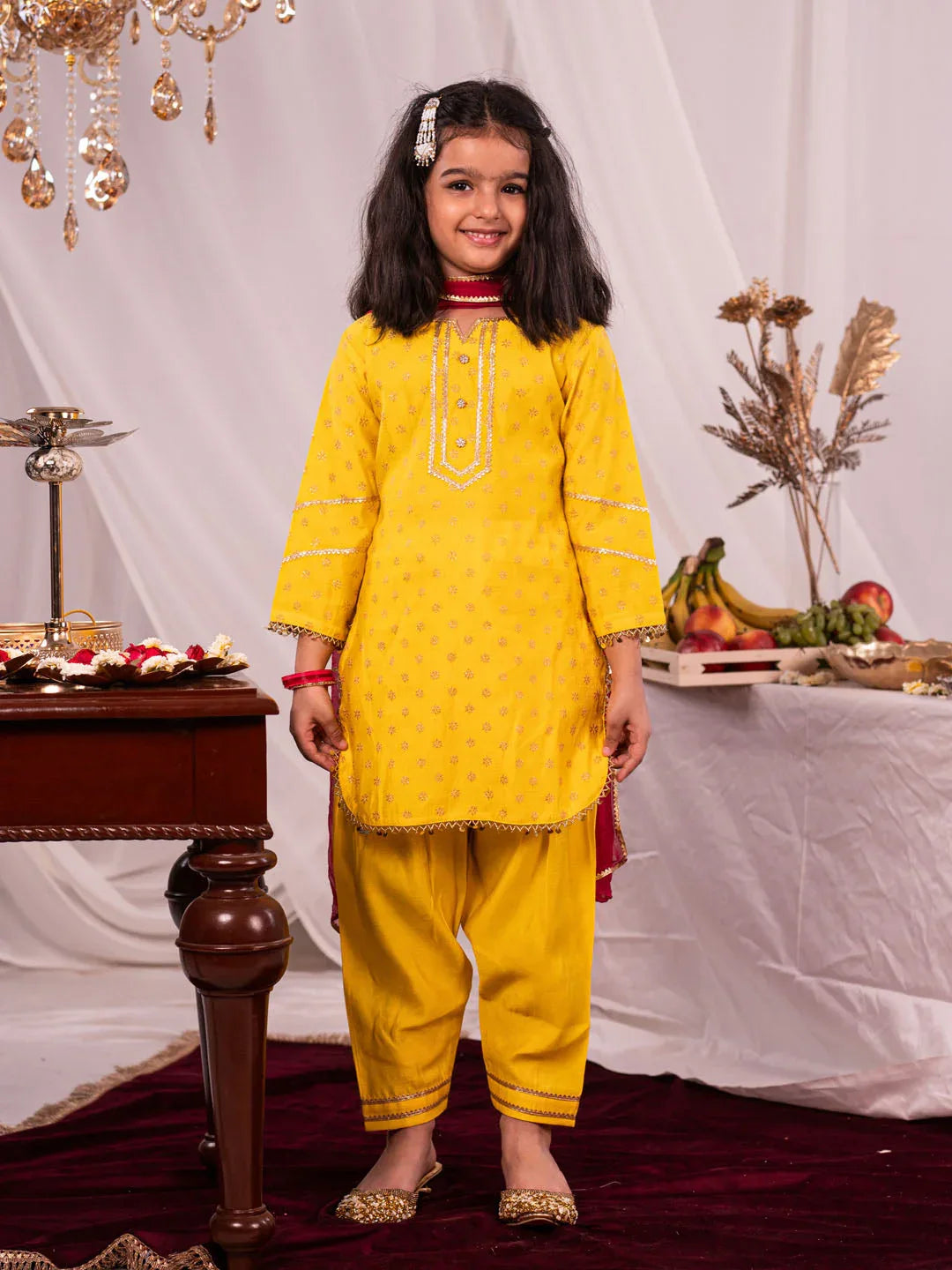 Girl's Yellow Kurta Salwar And Dupatta Set