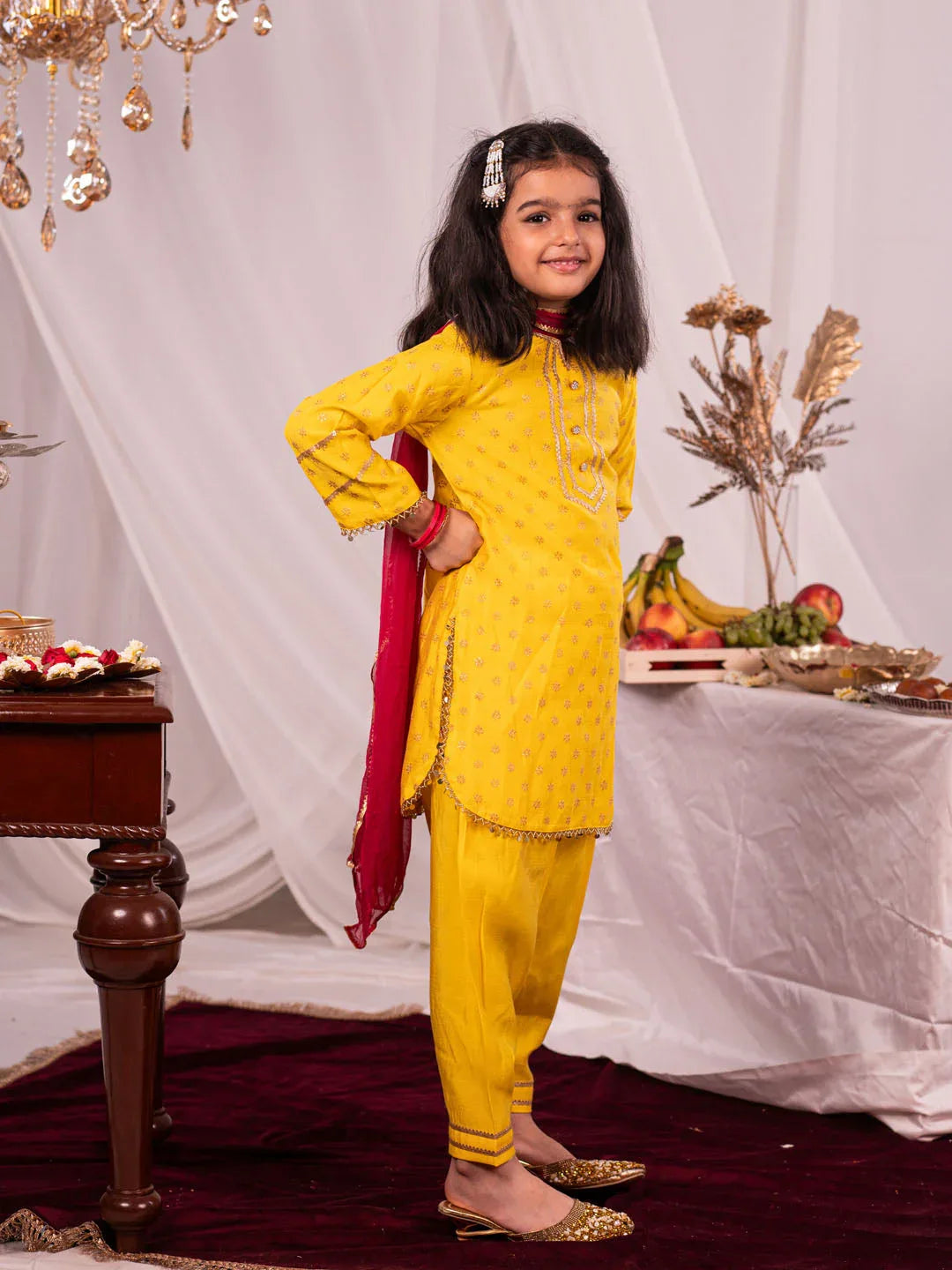 Girl's Yellow Kurta Salwar And Dupatta Set
