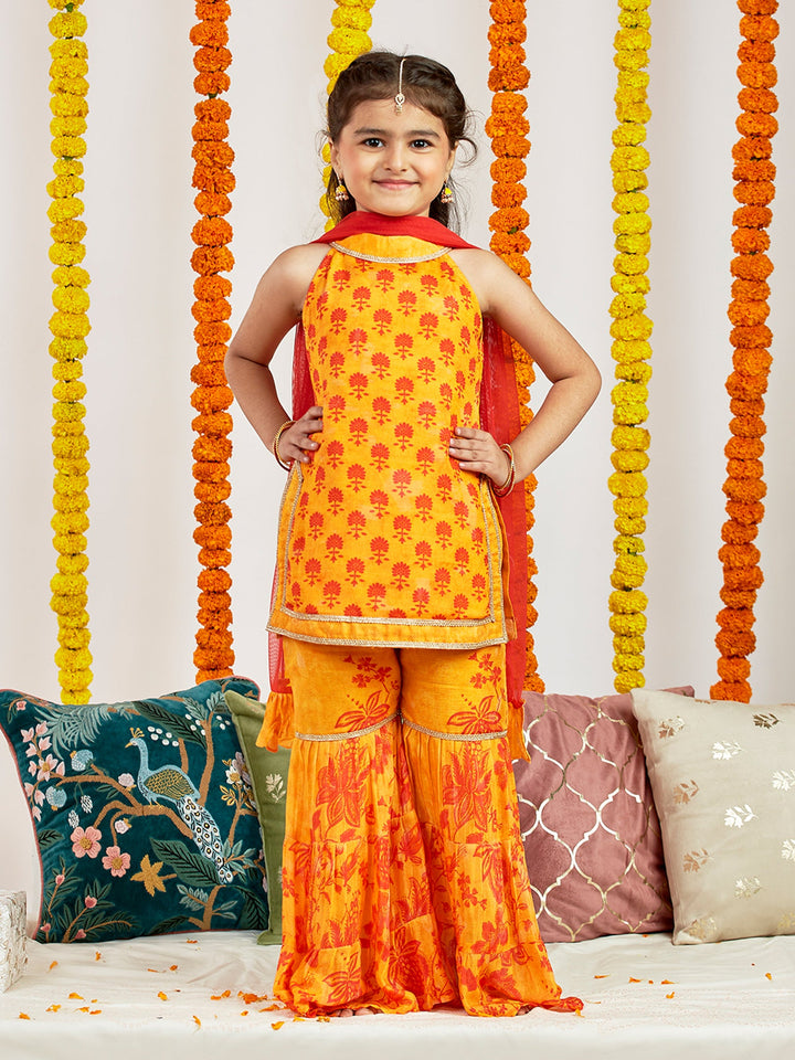 VASTRAMAY Girls' Yellow Kurta Sharara And Dupatta Set