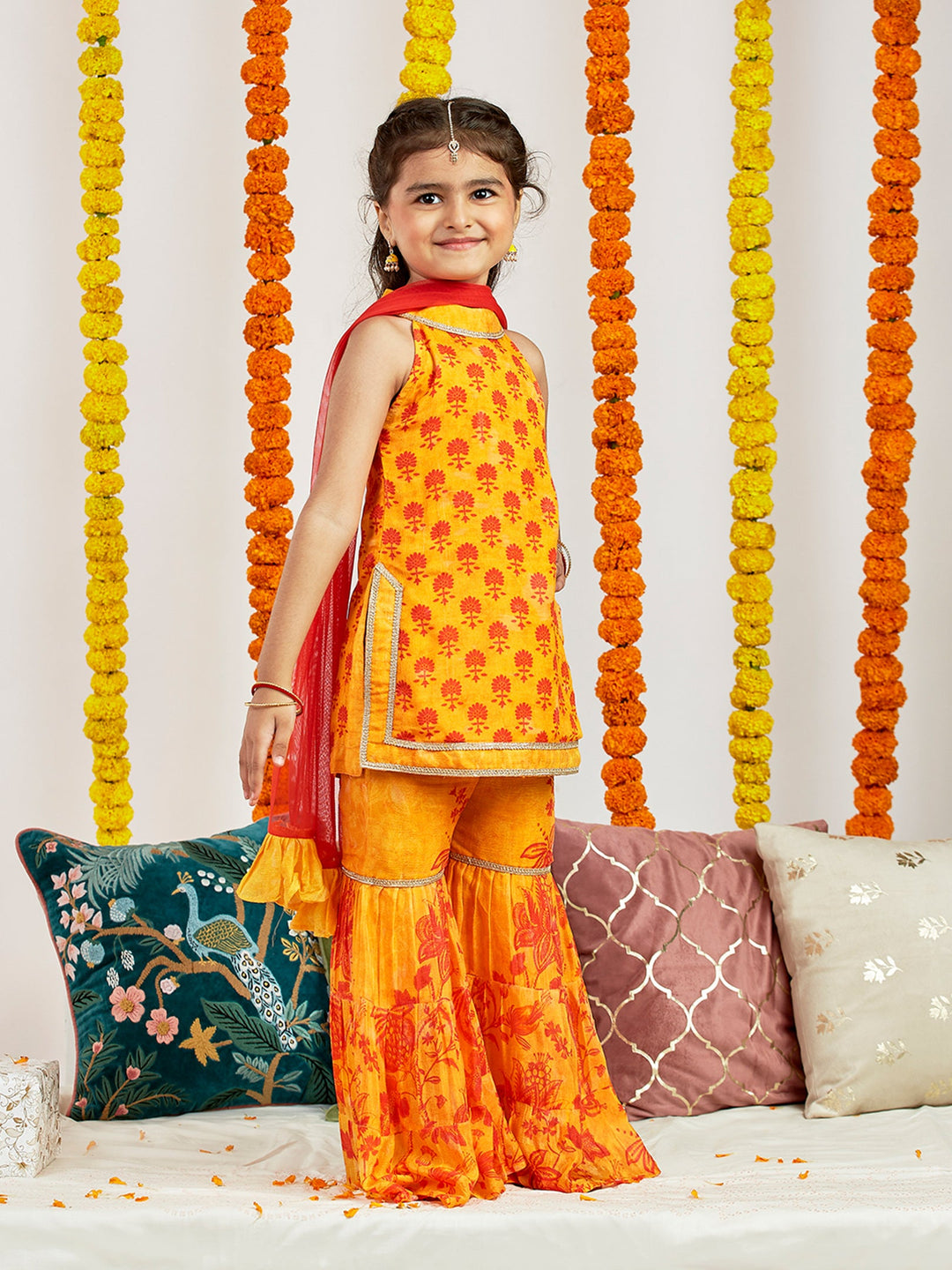 VASTRAMAY Girls' Yellow Kurta Sharara And Dupatta Set