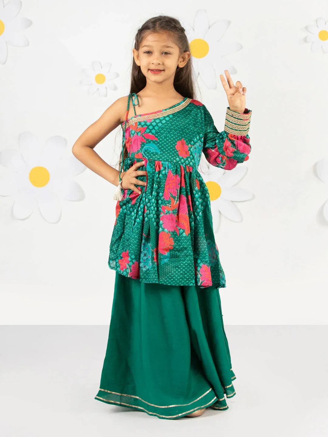 Girl's' Green Kurta Palazzo Set