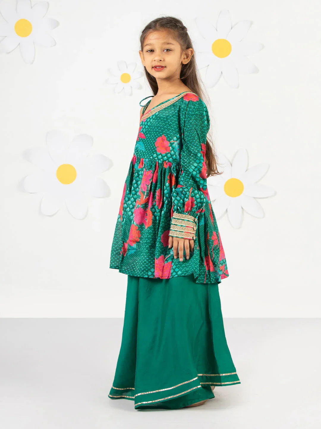 Girl's' Green Kurta Palazzo Set