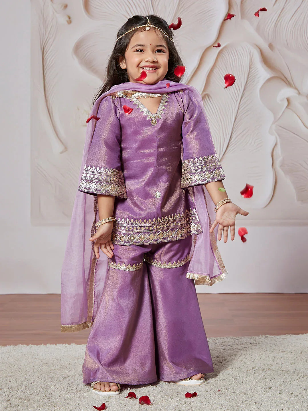 Girl's' Lavender Kurta Sharara And Dupatta Set