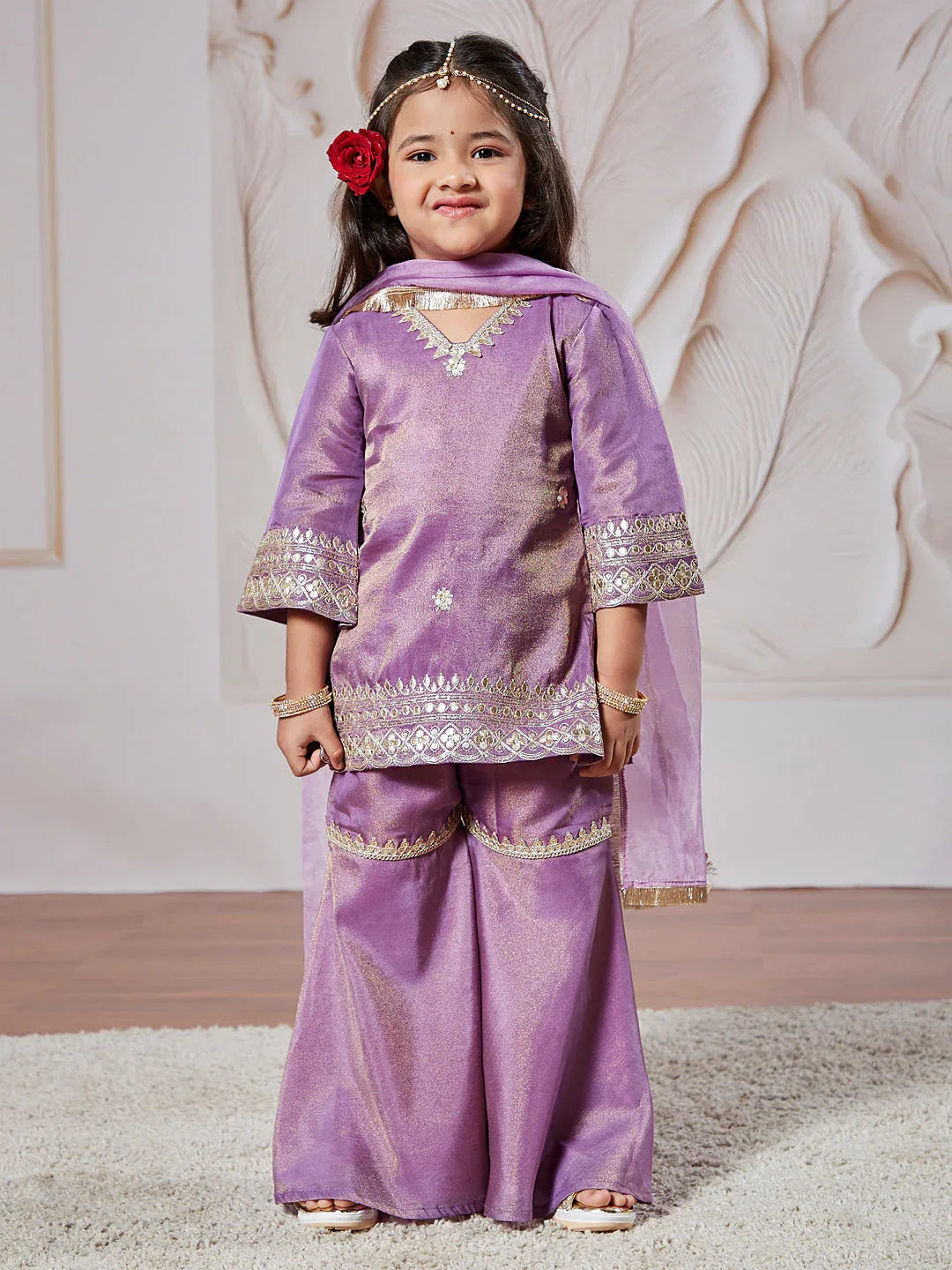 Girl's' Lavender Kurta Sharara And Dupatta Set