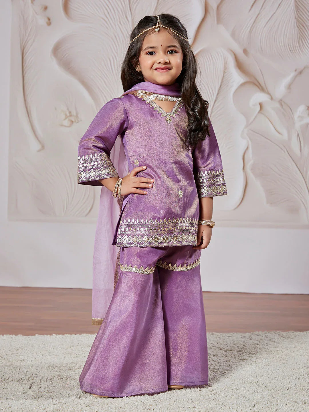 Girl's' Lavender Kurta Sharara And Dupatta Set