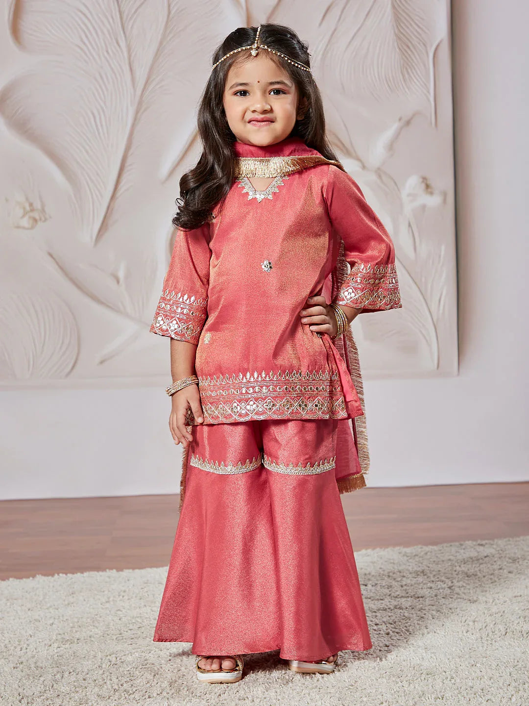 Girl's' Rose Pink Kurta Sharara And Dupatta Set