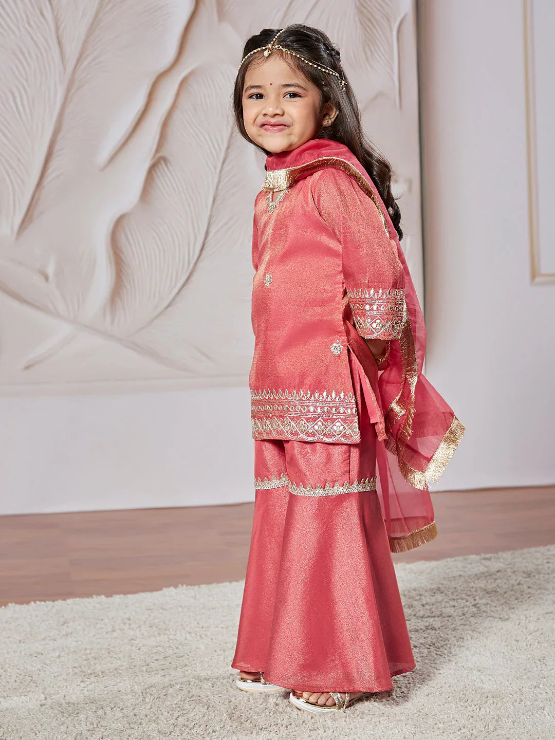 Girl's' Rose Pink Kurta Sharara And Dupatta Set