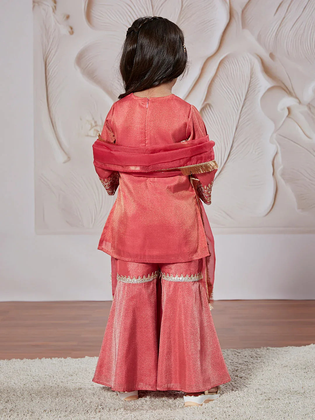 Girl's' Rose Pink Kurta Sharara And Dupatta Set