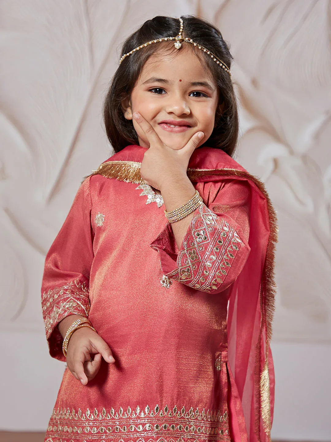 Girl's' Rose Pink Kurta Sharara And Dupatta Set