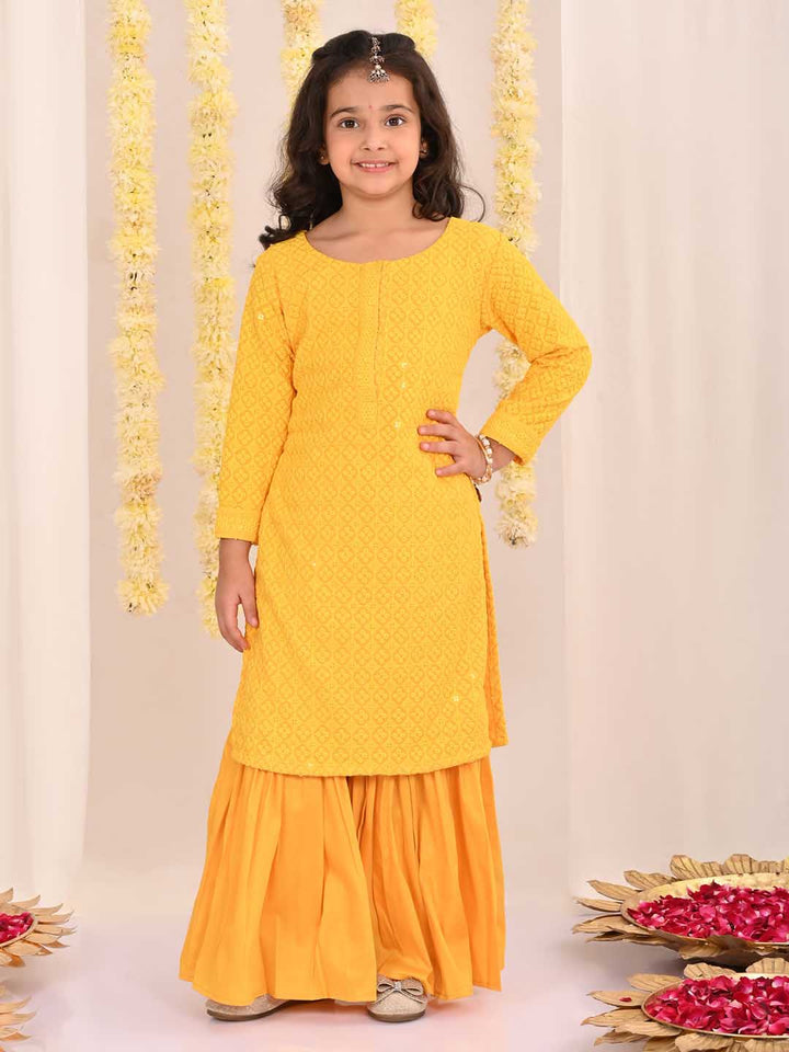 VASTRAMAY Girls' Yellow Embellished Kurta Palazzo Set