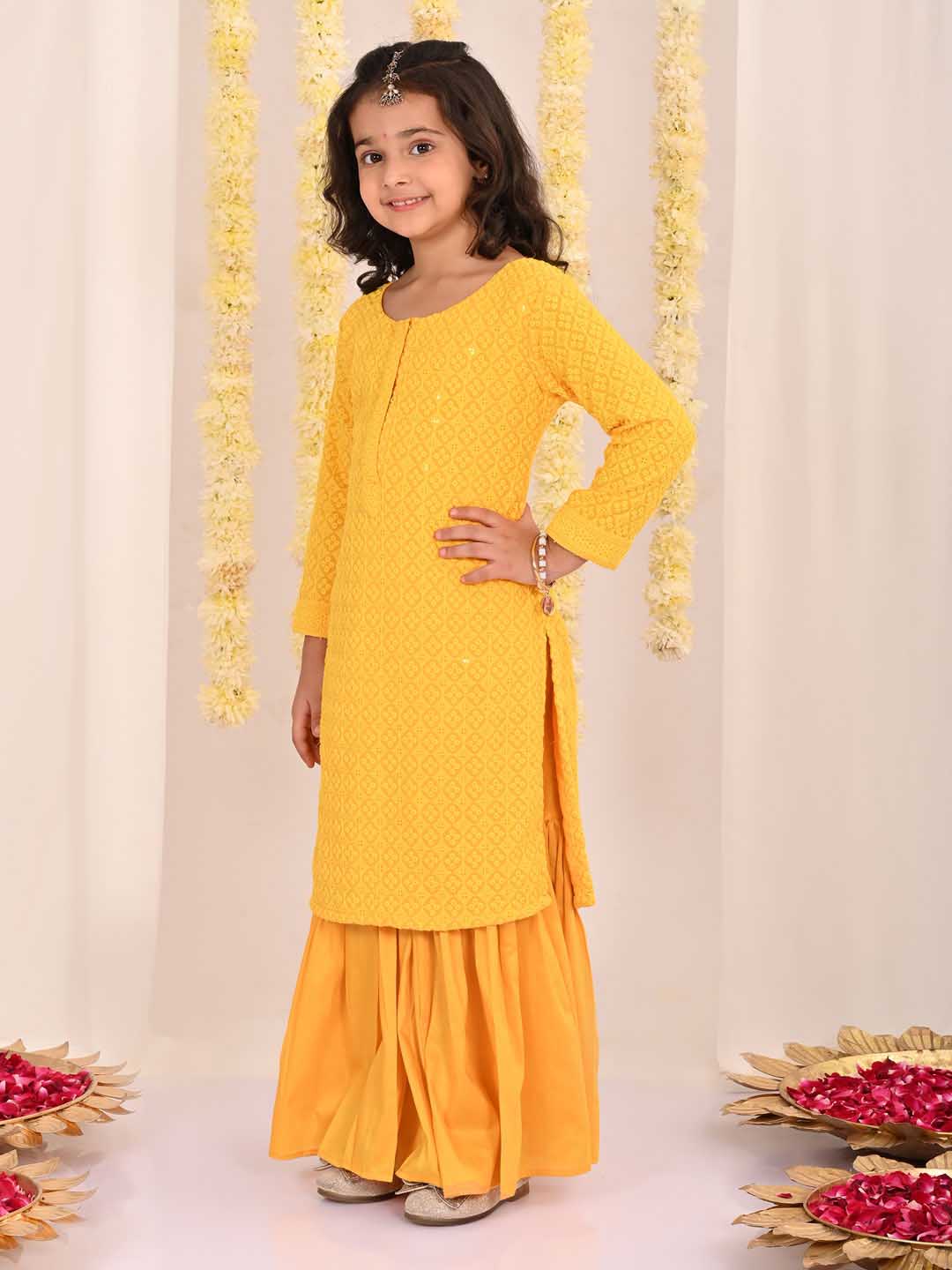 VASTRAMAY Girls' Yellow Embellished Kurta Palazzo Set