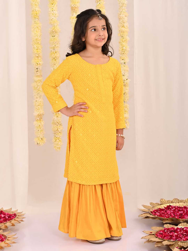 VASTRAMAY Girls' Yellow Embellished Kurta Palazzo Set