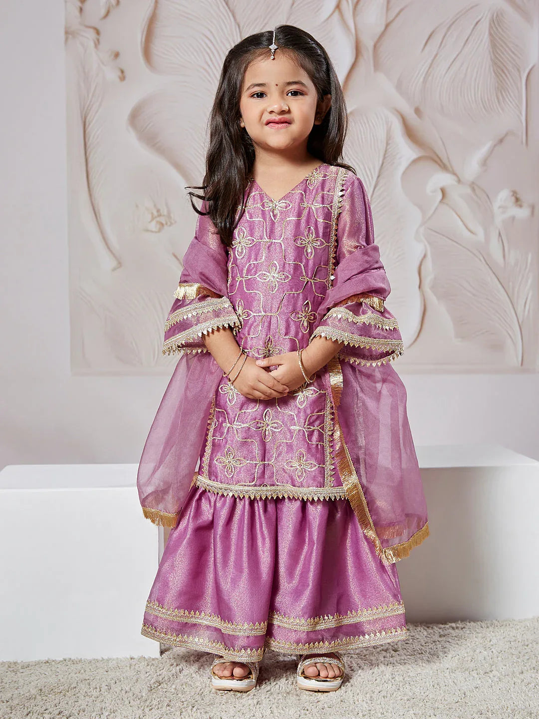 Girl's' Purple Kurta Sharara Set With Dupatta