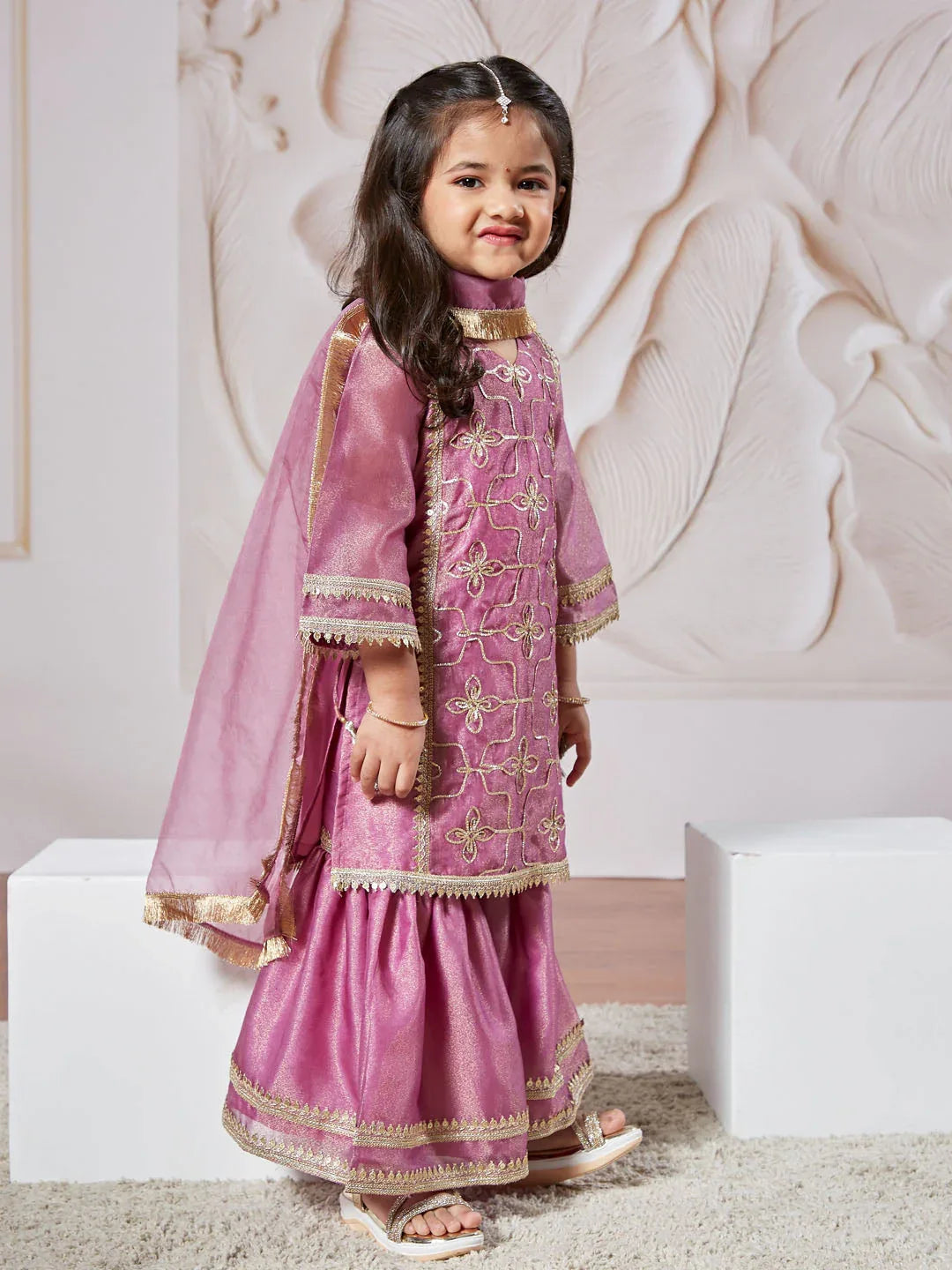 Girl's' Purple Kurta Sharara Set With Dupatta