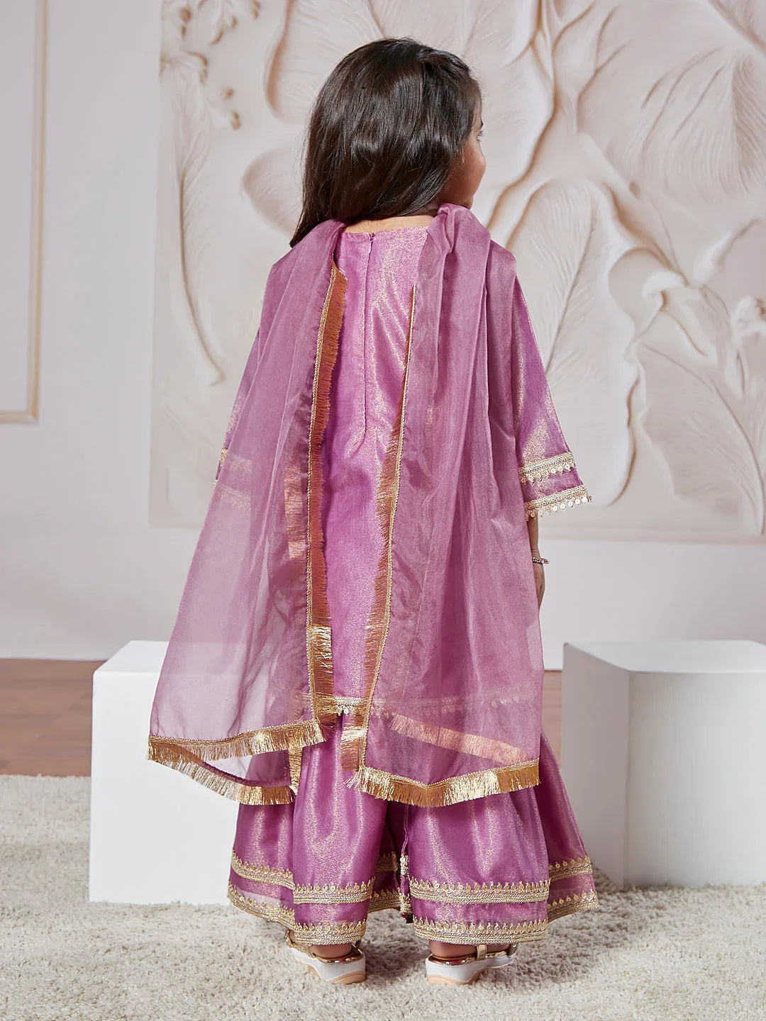 Girl's' Purple Kurta Sharara Set With Dupatta