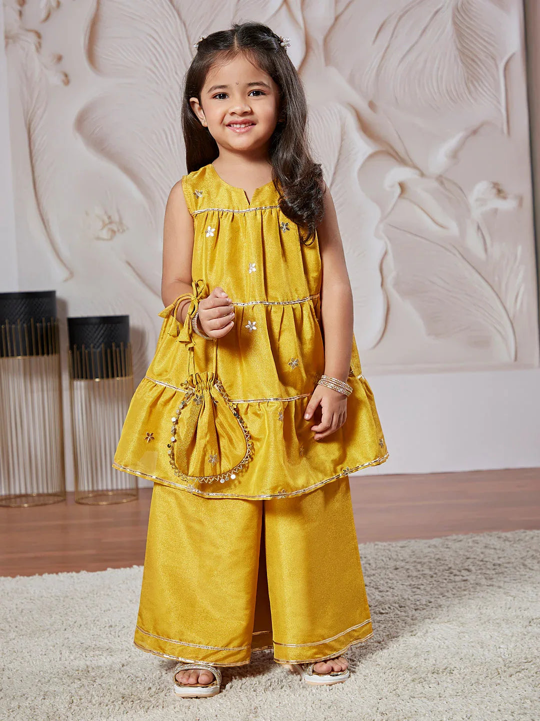 Girl's' Mustard Kurta Palazzo Set With Potli