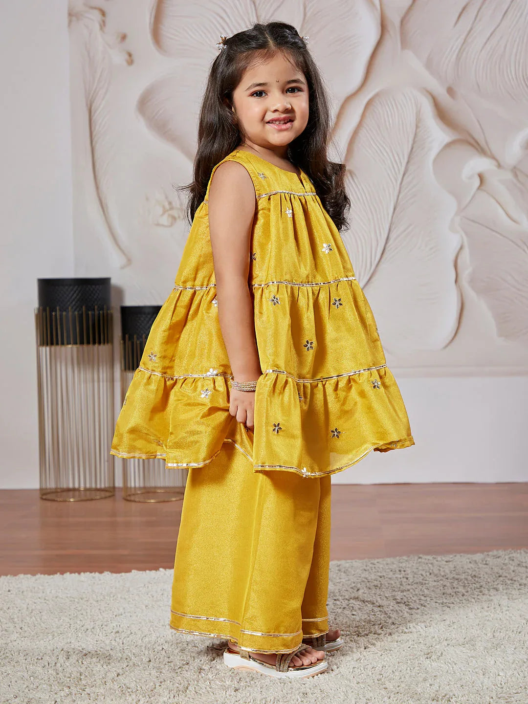 Girl's' Mustard Kurta Palazzo Set With Potli