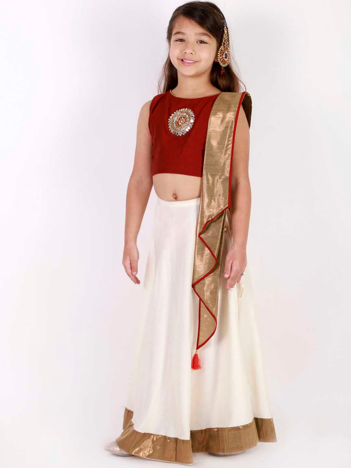 VASTRAMAY Girl's Viscose Crop Top Skirt And Drape Dupatta Set